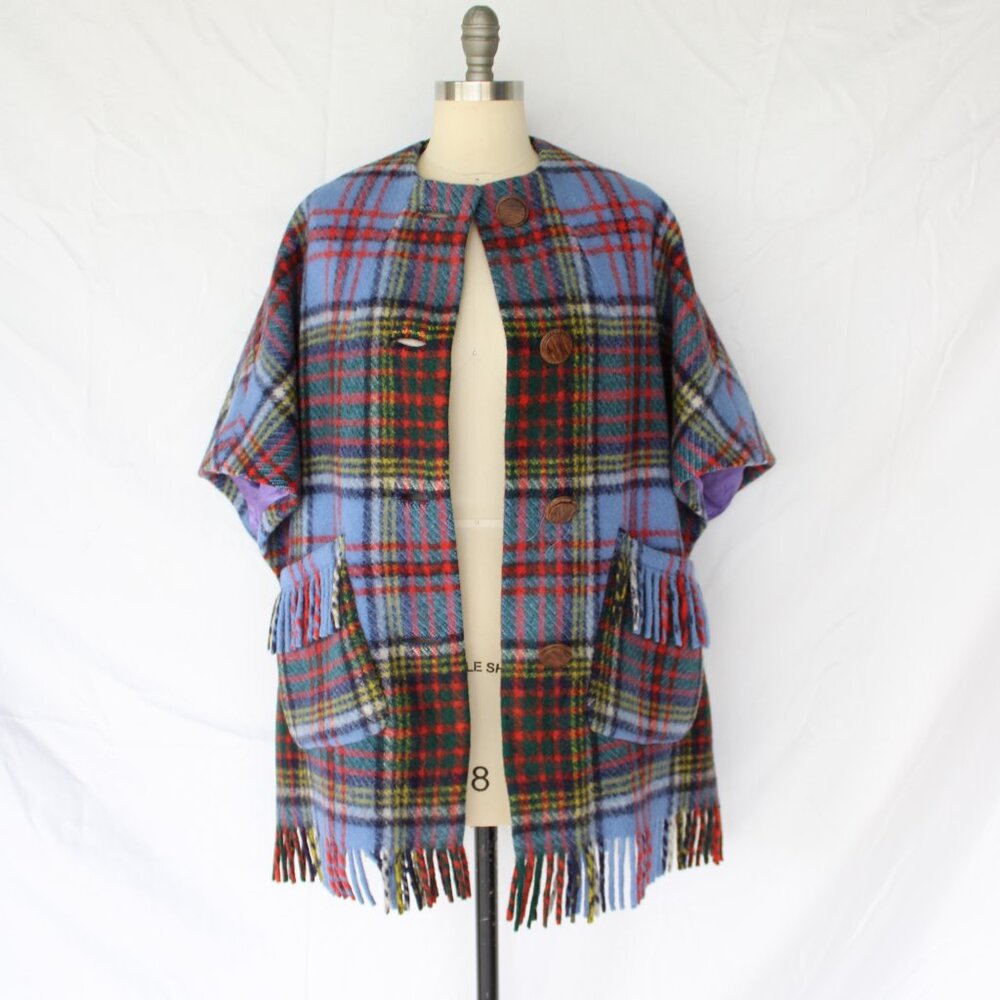 MERRYWEAR Ireland jacket cape poncho cloak Tartan plaid wool fringe check - Picture 4 of 12